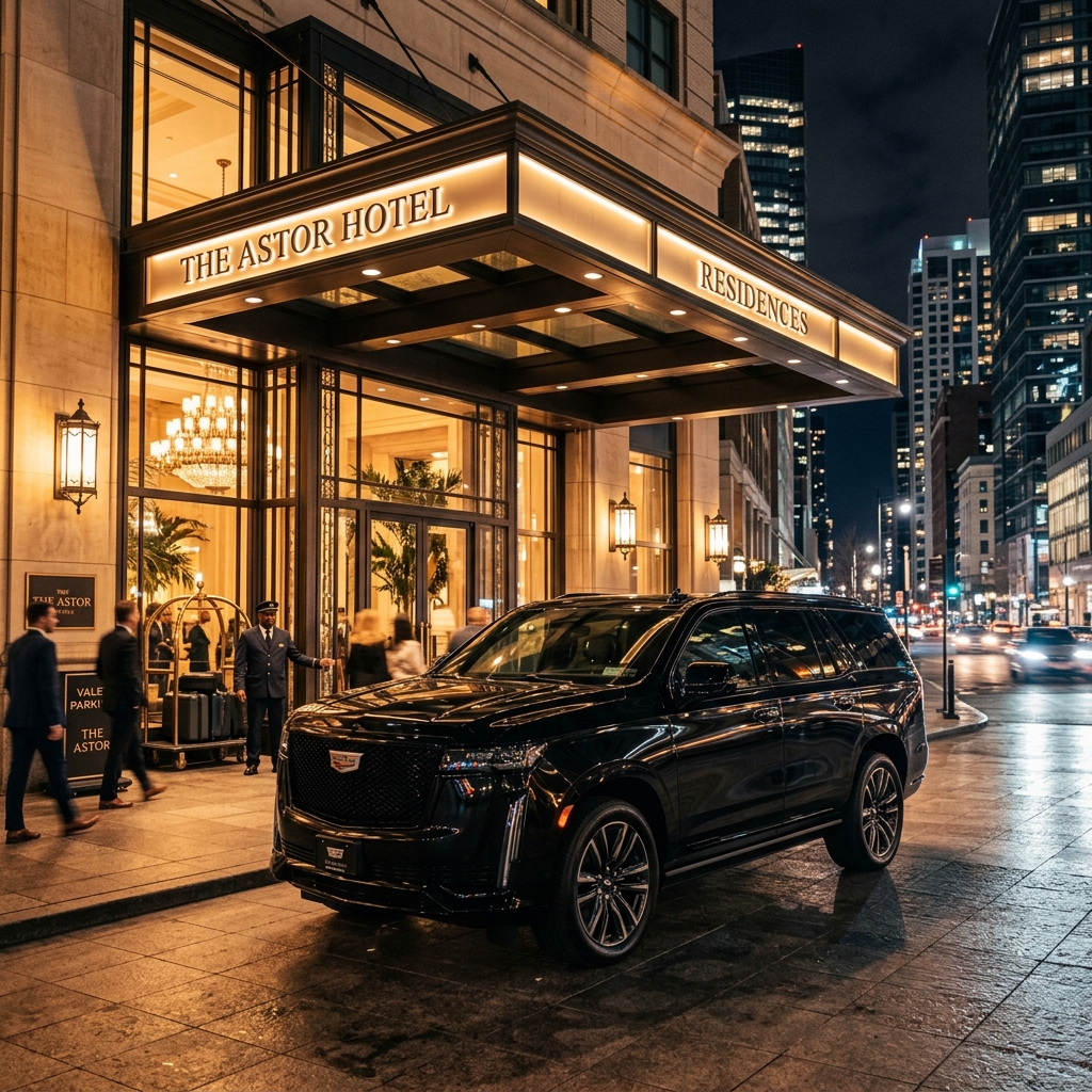 Luxury SUV valet drop-off at fine hotel